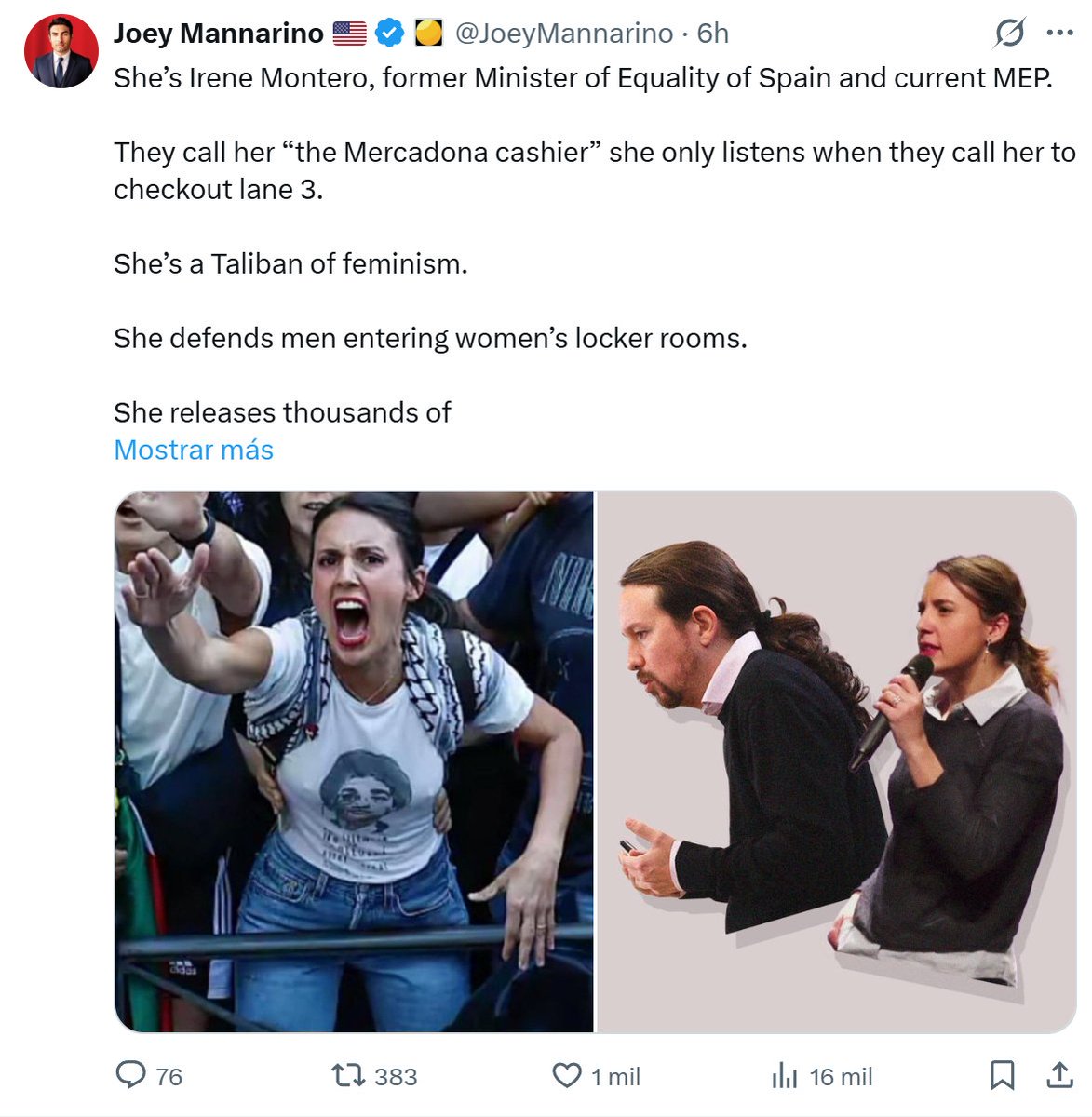 🟠El señor <a href="/JoeyMannarino/">Joey Mannarino 🇺🇸</a> esta dando "visibilidad" a esta gentuza en EEUU con sus mas de 600.000 seguidores, os aconsejo seguirle o a mi en su defecto...jajajajaja....ahora todos en EEUU van a conocer a:

🤣Pablo Iglesias como "The Chepas"

🤣Echenique como "Echeminga" o el que