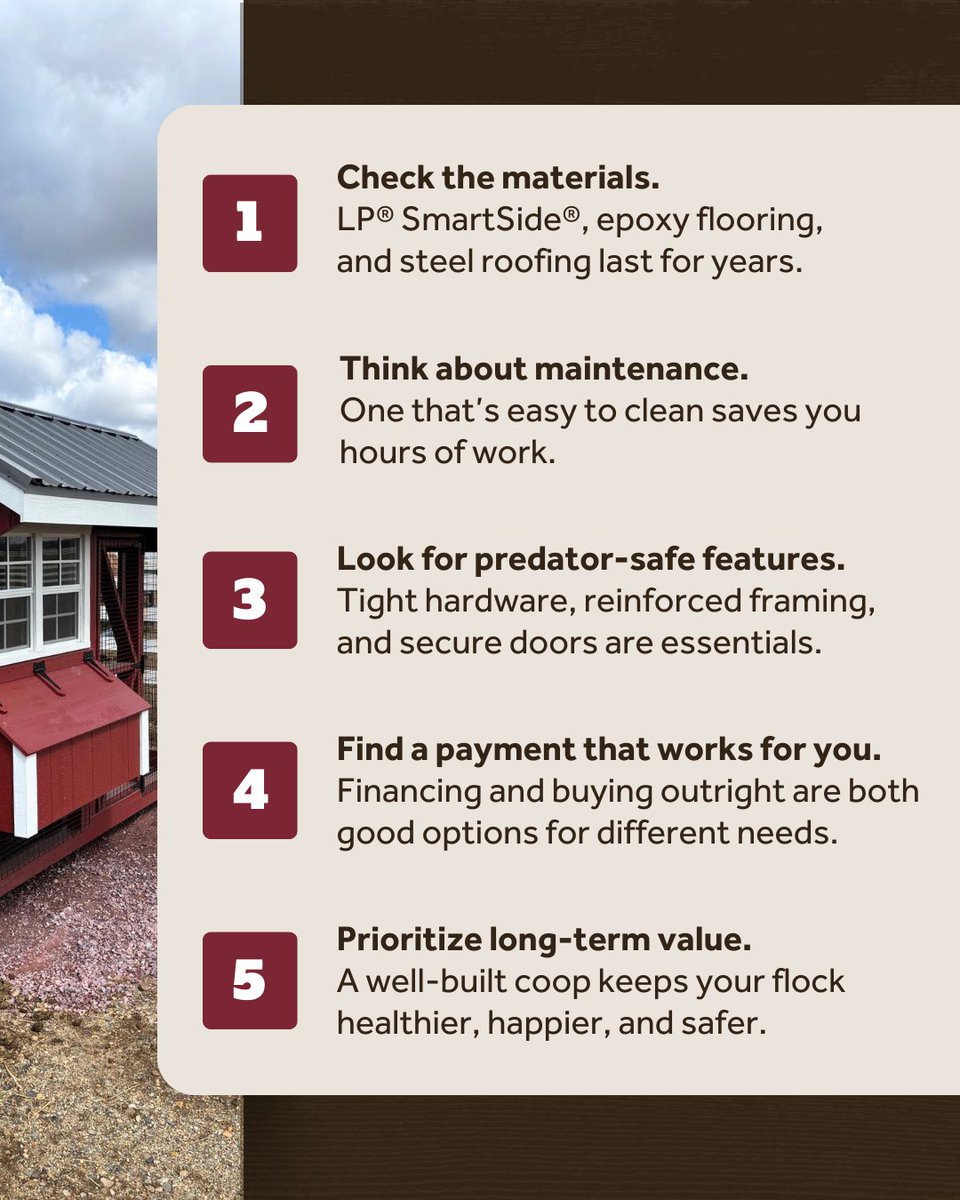 Do you need to invest in a new chicken coop?

Here are a few quick tips to make sure you’re actually getting value.

Learn more about how to get a coop that lasts: 👉 na2.hubs.ly/H02KQbc0