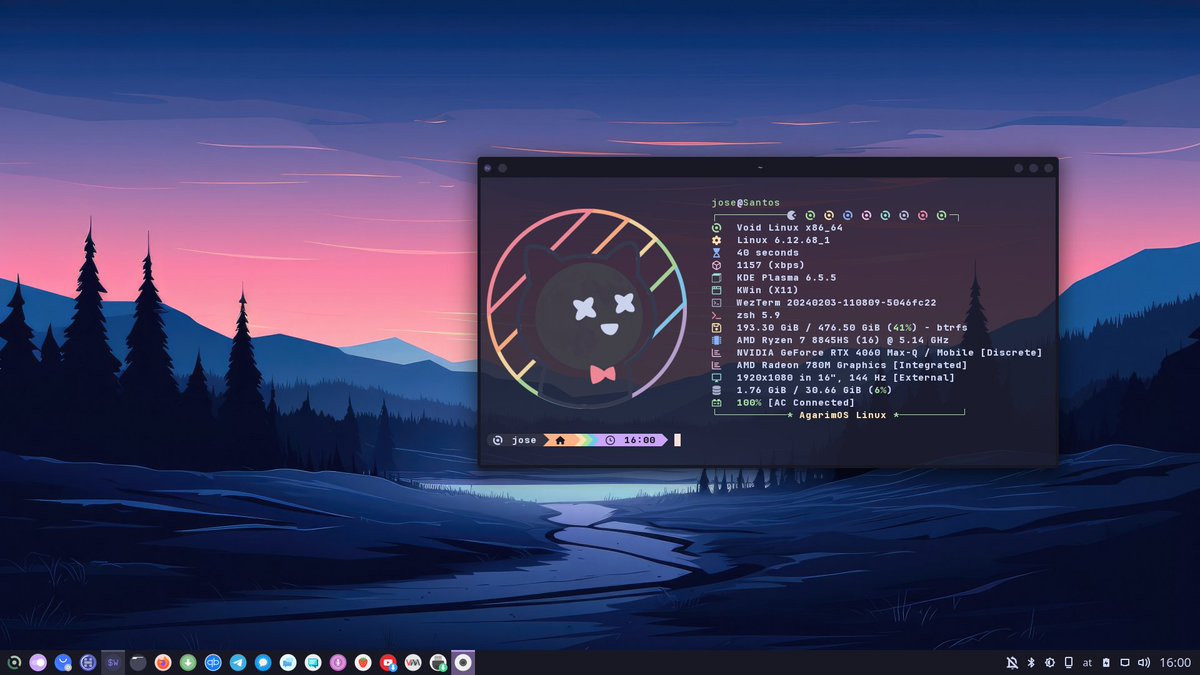 OsAgarim's tweet photo. Yo básicamente repito la captura de la semana pasada.
#ViernesdeEscritorio #VoidLinux #Plasma #WezTerm #Catppuccin #Starship #Fastfetch https://t.co/ekjmpQOw7n