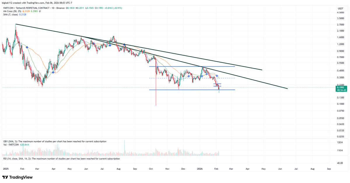 $FARTCOIN

Still holding this, only a couple % down and its still in the range. Looking for somewhere around 0.28 (medium ML)