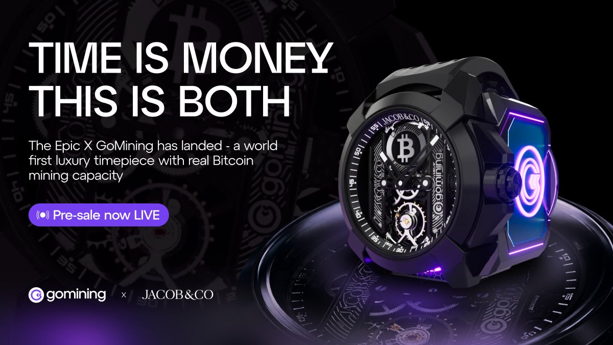 GoMining's tweet image. Epic X GoMining by Jacob &amp;amp; Co is now available for order via the GoMining Marketplace ⚡

A limited release from our collaboration with Jacob &amp;amp; Co., pairing a Swiss-made Epic X timepiece with real Bitcoin mining power.

⌚ 44mm Epic X timepiece
⚡ 1,000 TH digital miner
📦 Only…