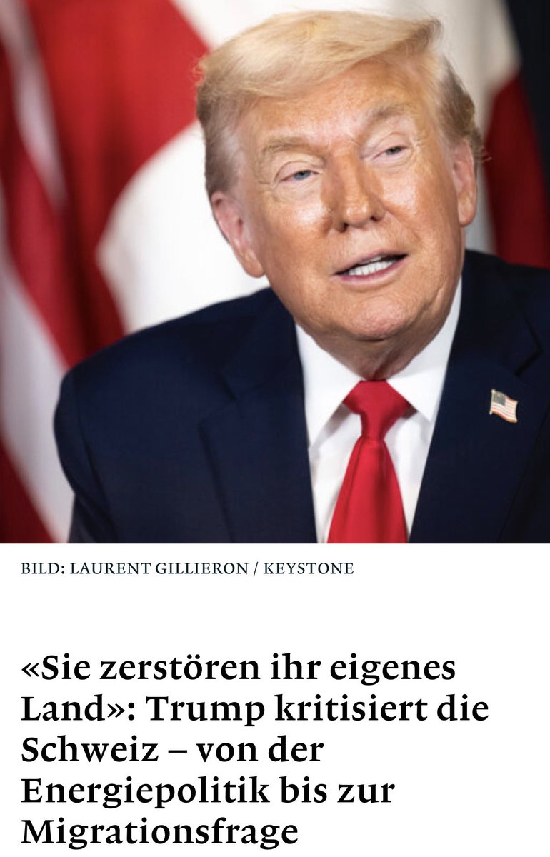 Trump bringt es auf den Punkt – auch wenn es weh tut: Die Schweiz zerstört sich selbst.

Unsere Energiepolitik ist ein Witz – teuer, unsicher, ideologisch verblendet. Die Migration ist längst ausser Kontrolle, doch unsere Regierung schweigt, relativiert oder schaut weg.

Wenn