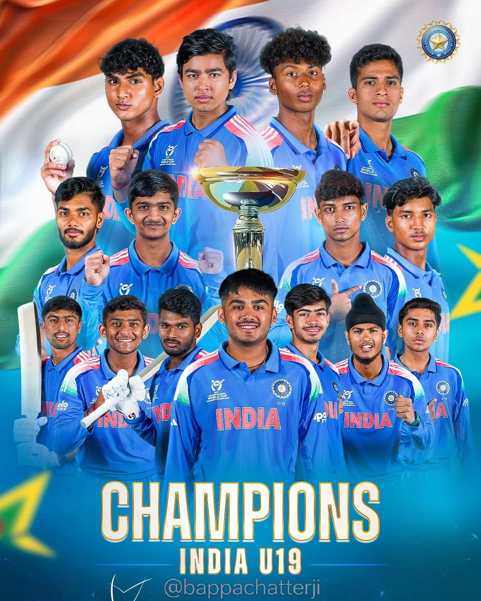 bappachatterji's tweet photo. 𝗖.𝗛.𝗔.𝗠.𝗣.𝗜.𝗢.𝗡.𝗦 🏆

Congratulations to India U19 on winning the ICC Men's U19 World Cup 2026 👏👏

#U19WorldCup https://t.co/YvkckKG6sE