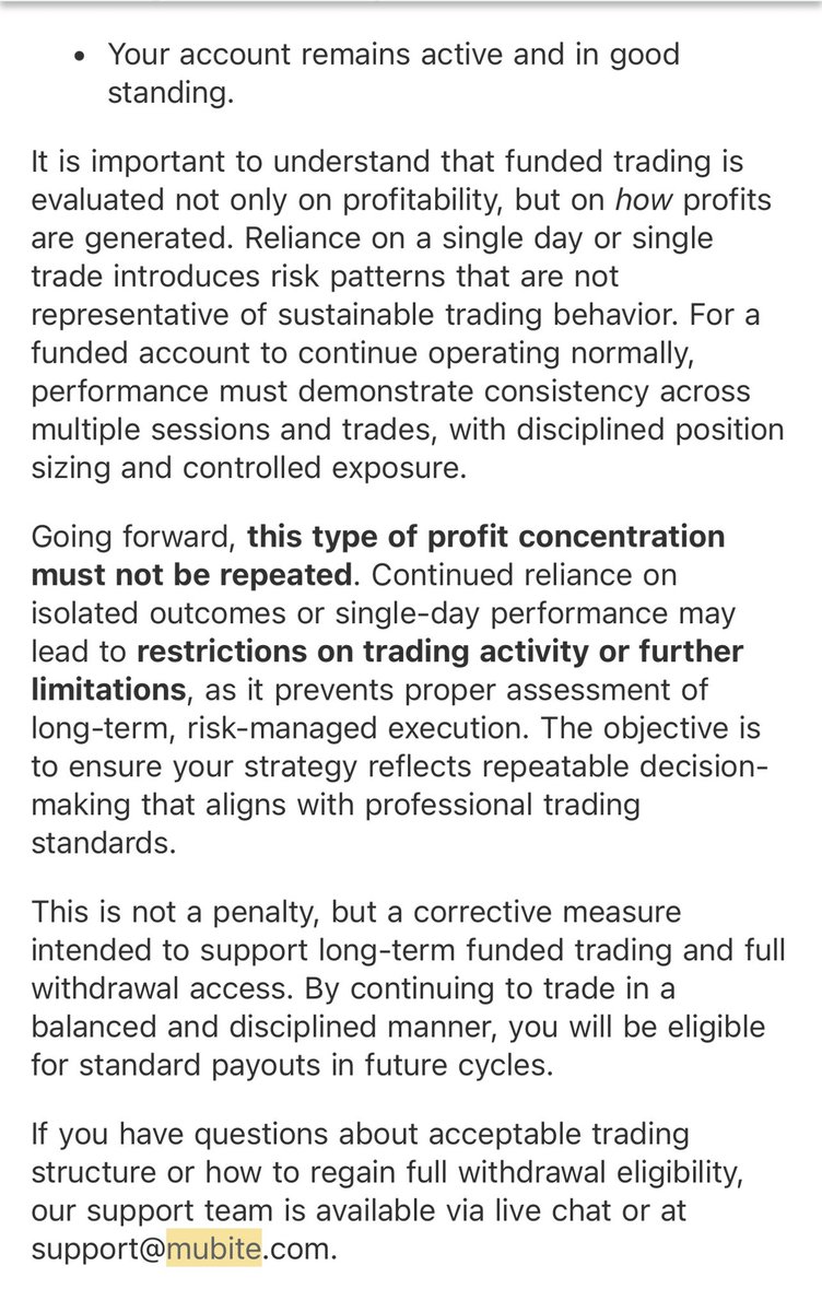 KINGESFJ's tweet photo. 🚨 TRADER WARNING 🚨

I traded in good faith with a MUBITE (Crypto prop-firm)

Generated $7,638.19 profit — fully compliant, no rule breach / warning
After profit, payout was retroactively cut to 10% (not accepted).
Payout released: $0

Public record 👇
https://t.co/Mn0KIfwL9o https://t.co/vUYrDMydRq