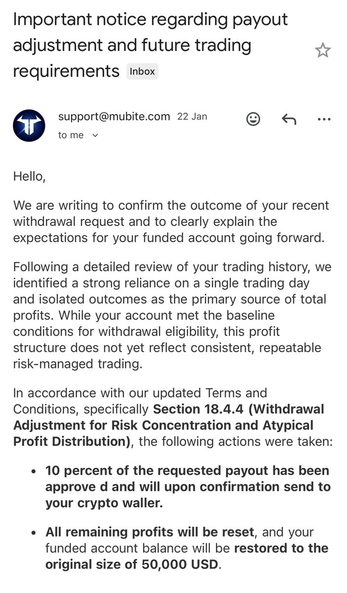 KINGESFJ's tweet photo. 🚨 TRADER WARNING 🚨

I traded in good faith with a MUBITE (Crypto prop-firm)

Generated $7,638.19 profit — fully compliant, no rule breach / warning
After profit, payout was retroactively cut to 10% (not accepted).
Payout released: $0

Public record 👇
https://t.co/Mn0KIfwL9o https://t.co/vUYrDMydRq