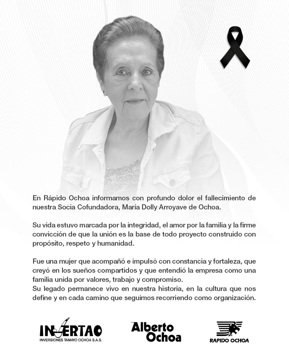 Hoy comunicamos con profundo dolor el fallecimiento de nuestra Socia Cofundadora, María Dolly Arroyave de Ochoa.