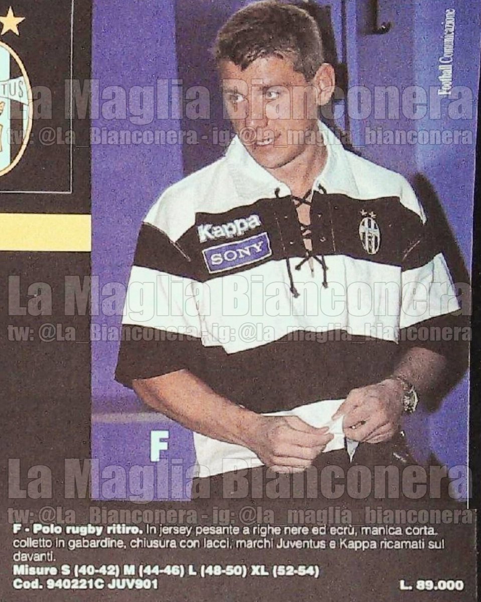 La 4ª maglia #Juve by #StudioSgura di prossima uscita richiama la "polo rugby" di 30 anni fa, anche quella con sponsor e loghi allineati, e colletto retrò con chiusura a lacci.
Una chicca: il prezzo, tratto da un Hurrà del 1996, era di 89000 lire [img 4] ! 🤍🖤 #JuJersey