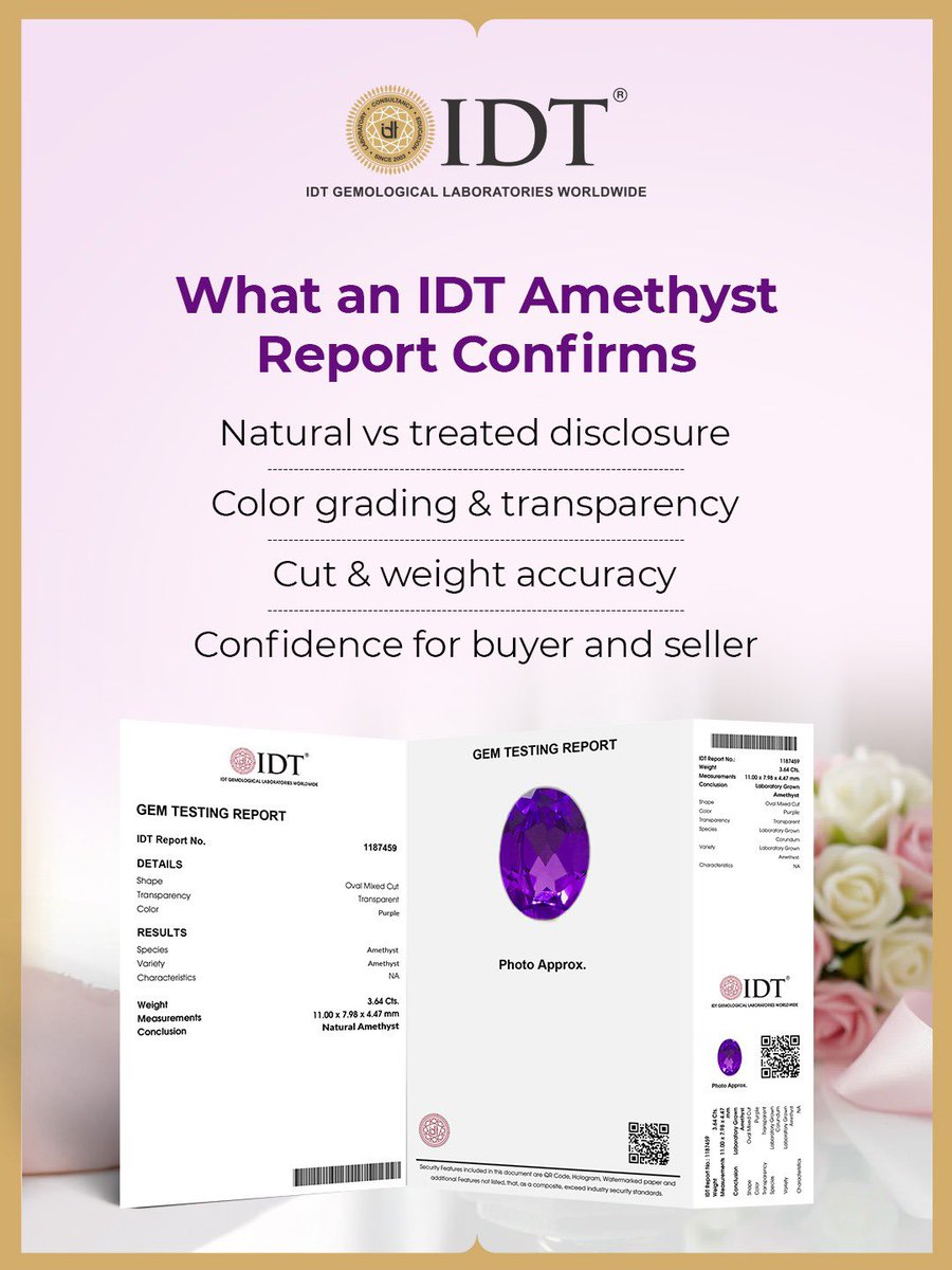 IDTWORLDWIDE's tweet photo. Know your gem! 💜 
Amethyst's deep purple hue is coveted, but treatments &amp; synthetics flood the market. Ensure authenticity with IDT's gemological analysis. 
Ask for certification! 

#amethystgemstone #idtcertification #gemstonecertification #idtkaraya https://t.co/mi2Gp8s0ay