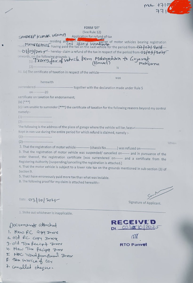 vermas2910's tweet photo. @MORTHIndia @nitin_gadkari 
Sir, everything has become online but why application for Road Tax refund in case Vehicle transfer from one state to other state is applied only offline mode?
I have applied offline on 03.10.2025 with all requisite documents
No action has been taken https://t.co/nrI6WcA61b