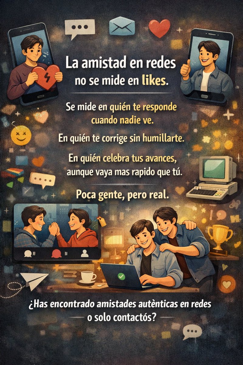 La amistad en redes no se mide en likes.
Se mide en quién te responde cuando nadie ve.
En quién te corrige sin humillarte.
En quién celebra tus avances, aunque vaya más rápido que tú.
Poca gente, pero real.
¿Has encontrado amistades auténticas en redes o solo contactos?