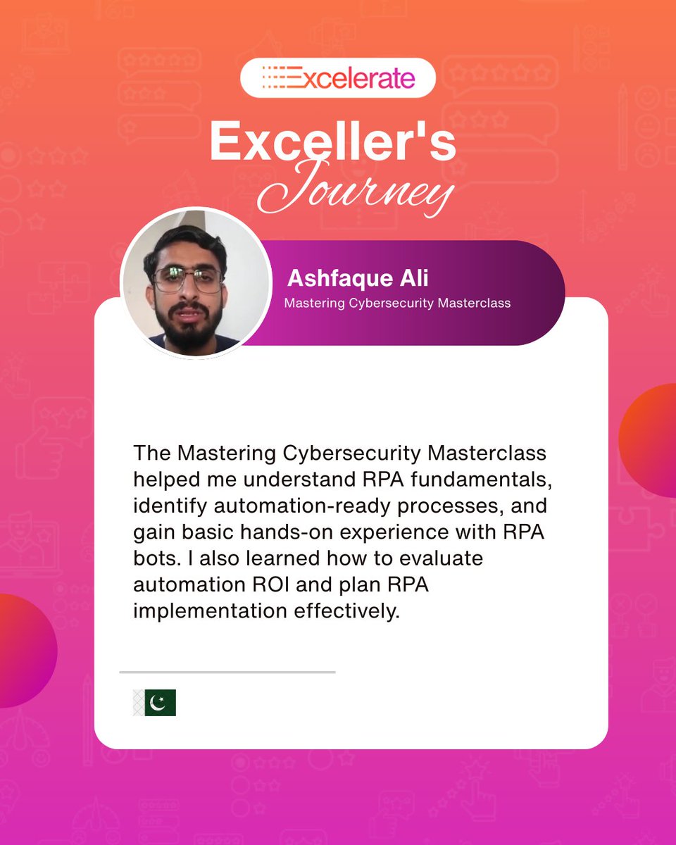 Cybersecurity today means understanding automation.🔐🤖

Ashfaque Ali learned how to understand RPA fundamentals, identify automation-ready processes, and evaluate automation ROI.

🌐Join the next Mastering Cybersecurity Masterclass. tinyurl.com/yc3u3mdf