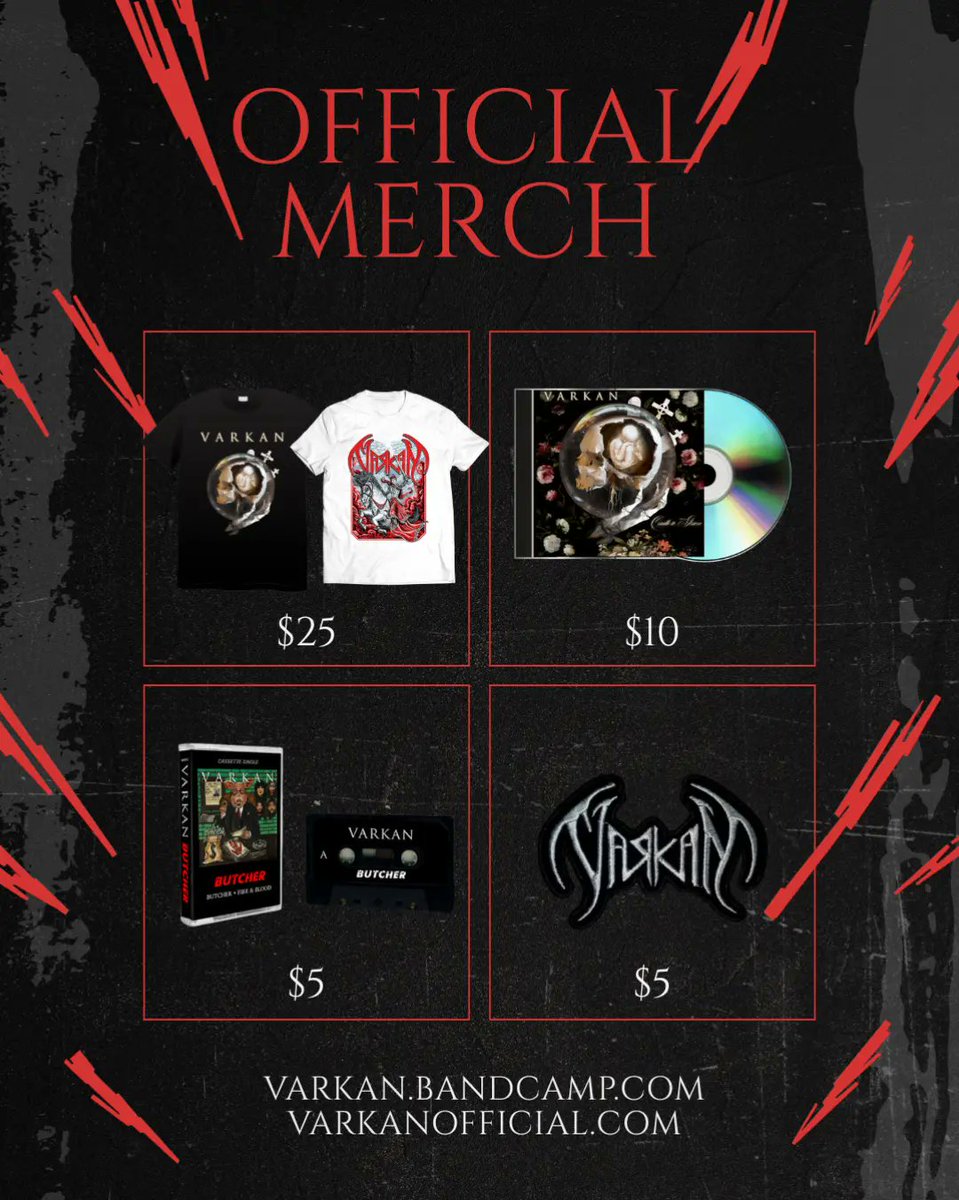 It's Bandcamp Friday, and we're highlighting our merch:

👕 T-shirts - $25
💿 CD's - $10
📼 Cassettes - $5
🤘 Embroidered iron-on patches- $5

All available on our Bandcamp and website. 

Varkan.bandcamp.com 
Varkanofficial.com