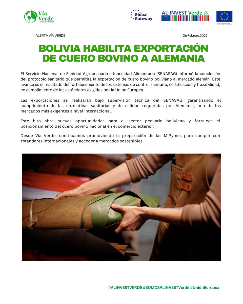 ViaVerdeBo's tweet photo. 🔔 #ALERTAVÍAVERDE ➡️ Este hito abre nuevas oportunidades para el sector pecuario boliviano y fortalece el posicionamiento del cuero bovino nacional en el comercio exterior 🇧🇴➡️🇩🇪

Si su empresa produce y/o exporta a la UE 👉 manténgase atento.

#ALINVESTVERDE https://t.co/yBqHkoKeRY