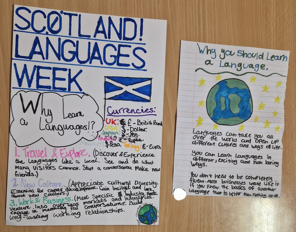 MissIrwin_ML's tweet photo. I'm really impressed with the effort my pupils put into their posters for Languages Week Scotland. Some chose the benefits of language learning, tips to improve, or facts about languages.
#LanguagesWeekScotland https://t.co/qOFoaTztwU