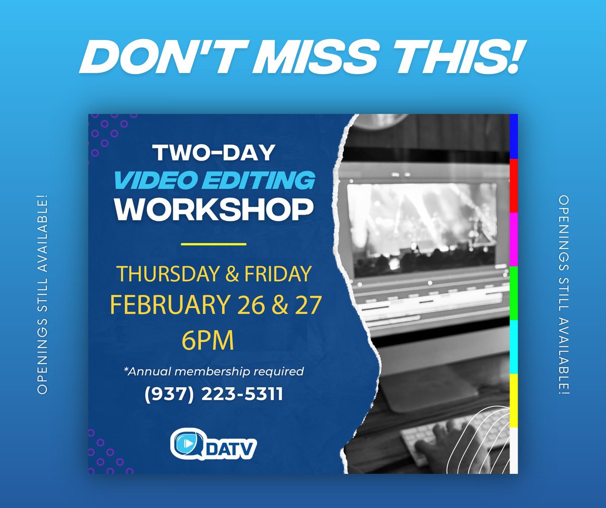 Learn how to edit videos for broadcast on Spectrum Cable and be shown to the masses!  Take the two day video editing workshop.  Membership is required.  Contact Dale at 937-223-5311 for more information and to set up a free tour.