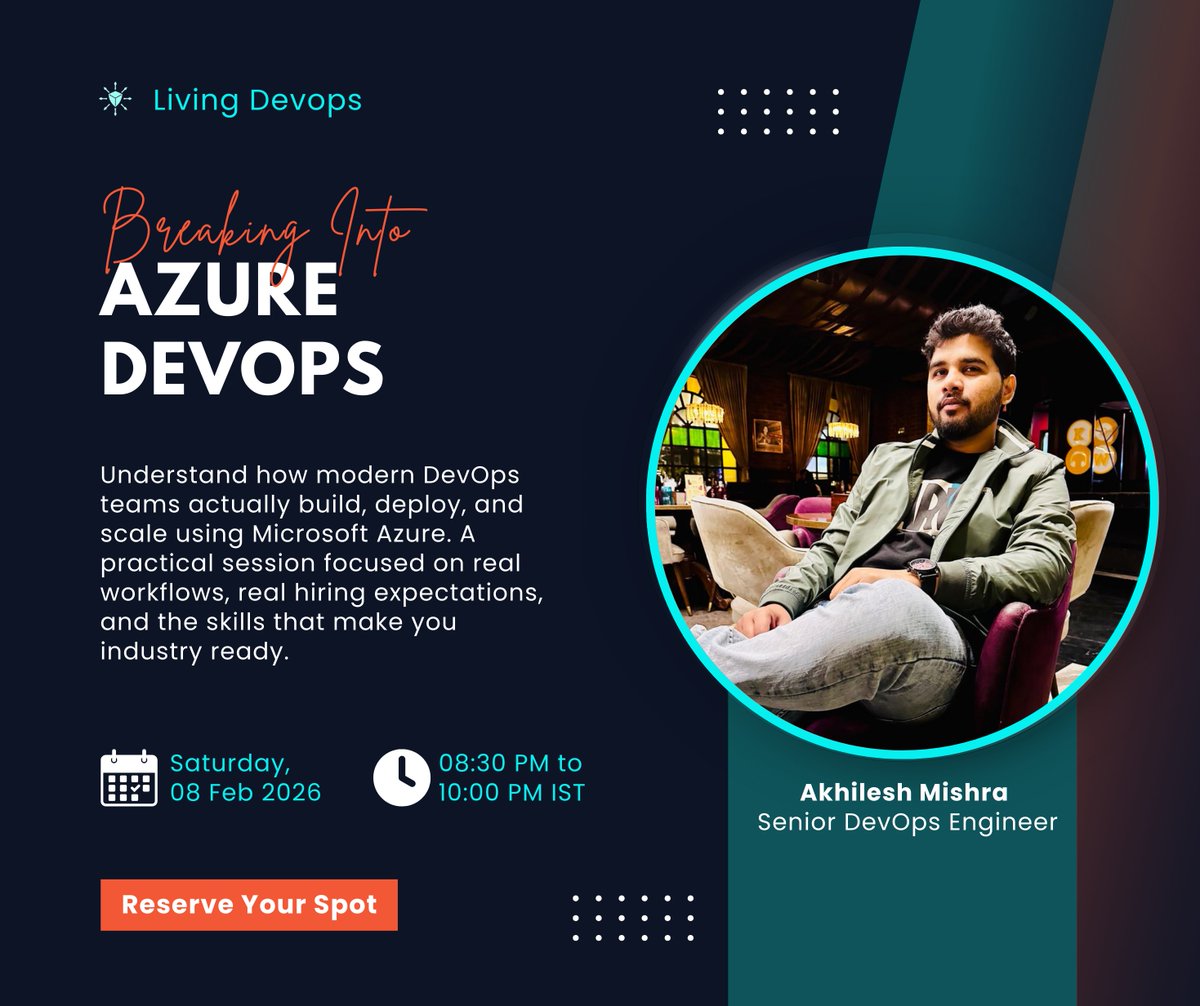 Getting into DevOps in 2025 was tough.

But in 2026, it's a different game altogether. Thanks to AI and changed expectations.

I'm doing a FREE webinar on "How to Get into DevOps in 2026."

Where I'll talk about:

→ DevOps job market reality in 2026
→ Why Azure is becoming more