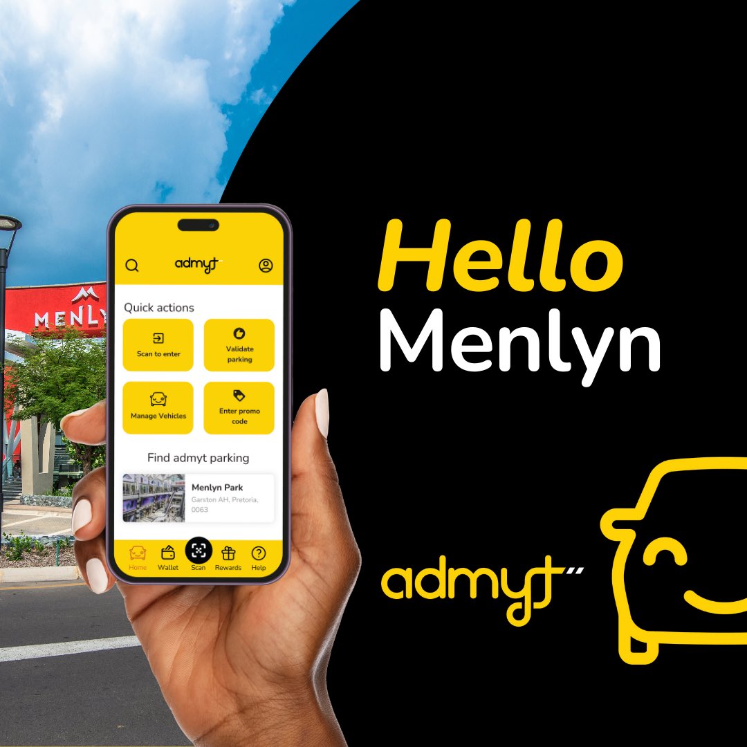 AdmytMe's tweet photo. 🚗 Hey Pretoria! admyt has landed at @MenlynSA! 🎉

Say goodbye to paper tickets and paystation queues - admyt ticketless parking is now available at Menlyn Park Shopping Centre!

👉 Sign up to admyt using the code MENLYN50 to get R50 free parking at Menlyn Park Shopping Centre.

Just link your number plate and payment method in the admyt app, and drive in and out of the mall like a VIP. No tickets, no queues, no stress.

#admyt #menlyn #ILoveMenlyn #SimplySmarterParking #NoMoreTickets #noqueues

*Promo for new users only.