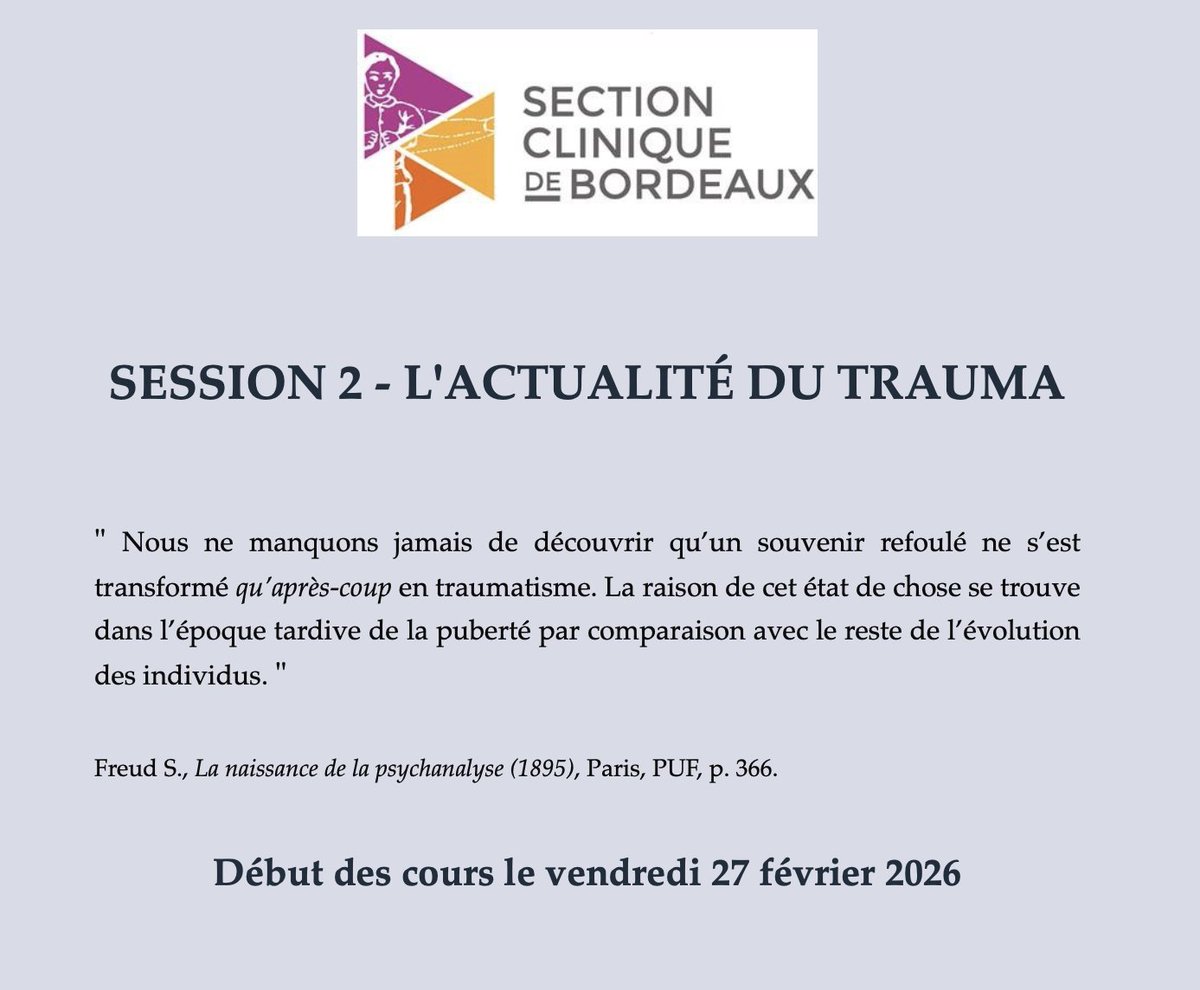 Section clinique de Bordeaux

SESSION 2 - L'ACTUALITÉ DU TRAUMA

Début des cours le vendredi 27 février

S'inscrire ici
drive.google.com/file/d/1ZSAzPX…

Lire l'argument ici
drive.google.com/file/d/1btR6_G…