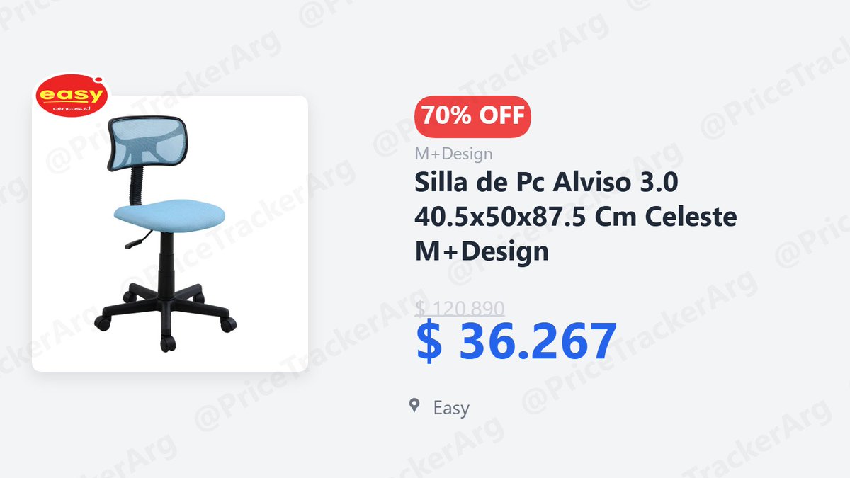 🟢 Tremendo precio! Super oferta! (🔴 NO esta disponible para todas las ubicaciones aparentemente, es prueba y error)
 
🔥 Silla de Pc Alviso 3.0 40.5x50x87.5 Cm Celeste M+Design

🔥 70% OFF!
$ 120.890 → $ 36.267

🏪 Easy

🔗 easy.com.ar/silla-escritor…