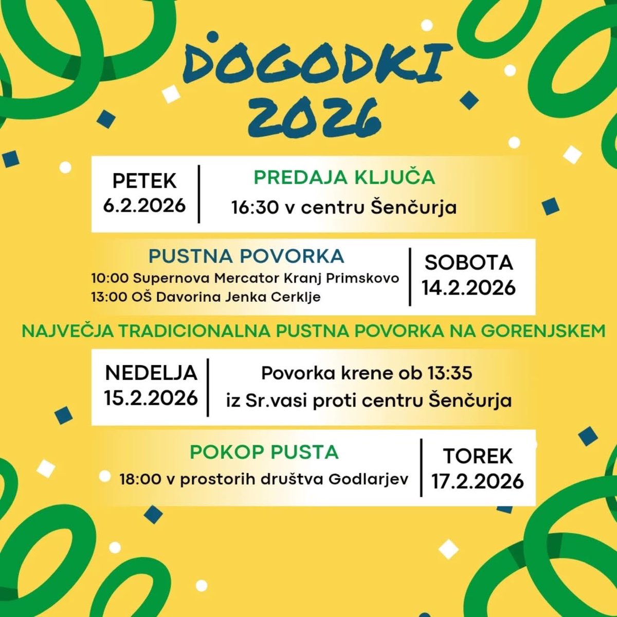 ObcinaSencur's tweet photo. 📢🎊Vabljeni na pustne dogodke, ki je pripravljajo šenčurski #GODLARJI 👺🤡🤹‍♀️
#karneval #pust #pustnapovorka #sencur #gorenjska https://t.co/peOXfk2yGV