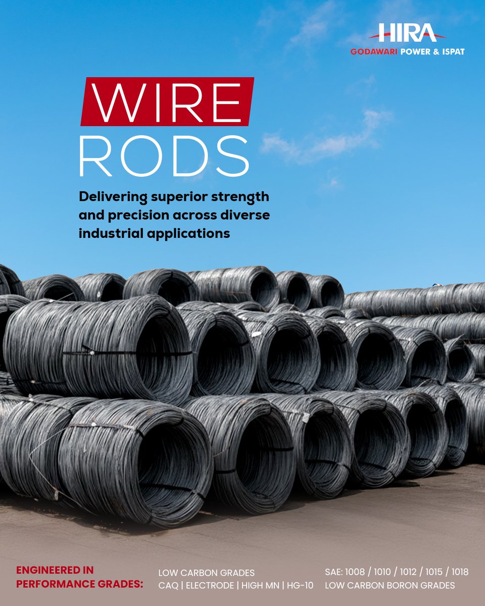 godawaripower's tweet image. GPIL Wire Rods combine strength, precision, and durability for diverse industrial applications. Trusted across domestic and global markets, and backed by a 0.4 MTPA rolling mill capacity for consistent, reliable supply.

#WireRods #GPIL #IndustrialManufacturing #QualitySteel