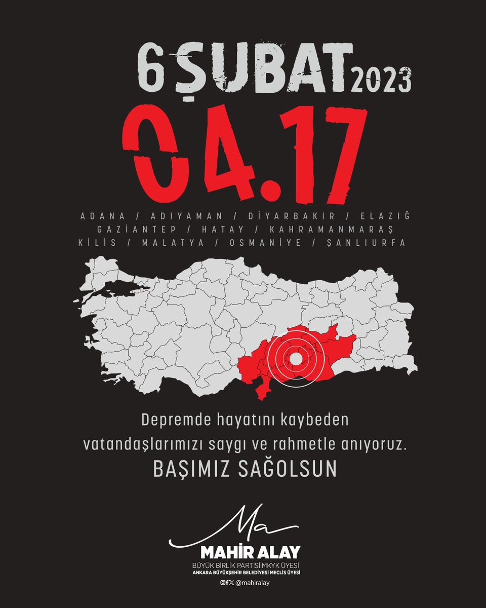 6 Şubat depreminde hayatını kaybeden tüm yurttaşlarımızı rahmetle anıyor, geride kalanlara sabır diliyorum.