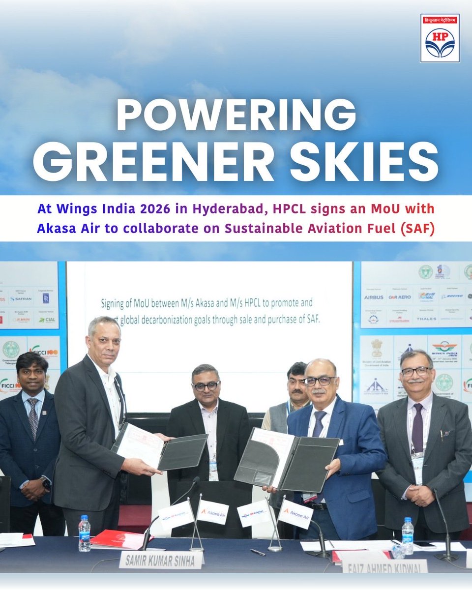 Powering the Future of Flight with Sustainable Aviation Fuel

Taking another meaningful stride towards greener skies, HPCL signs a Memorandum of Understanding with Akasa Air at Wings India 2026 in Hyderabad to collaborate in the field of Sustainable Aviation Fuel (SAF).

This