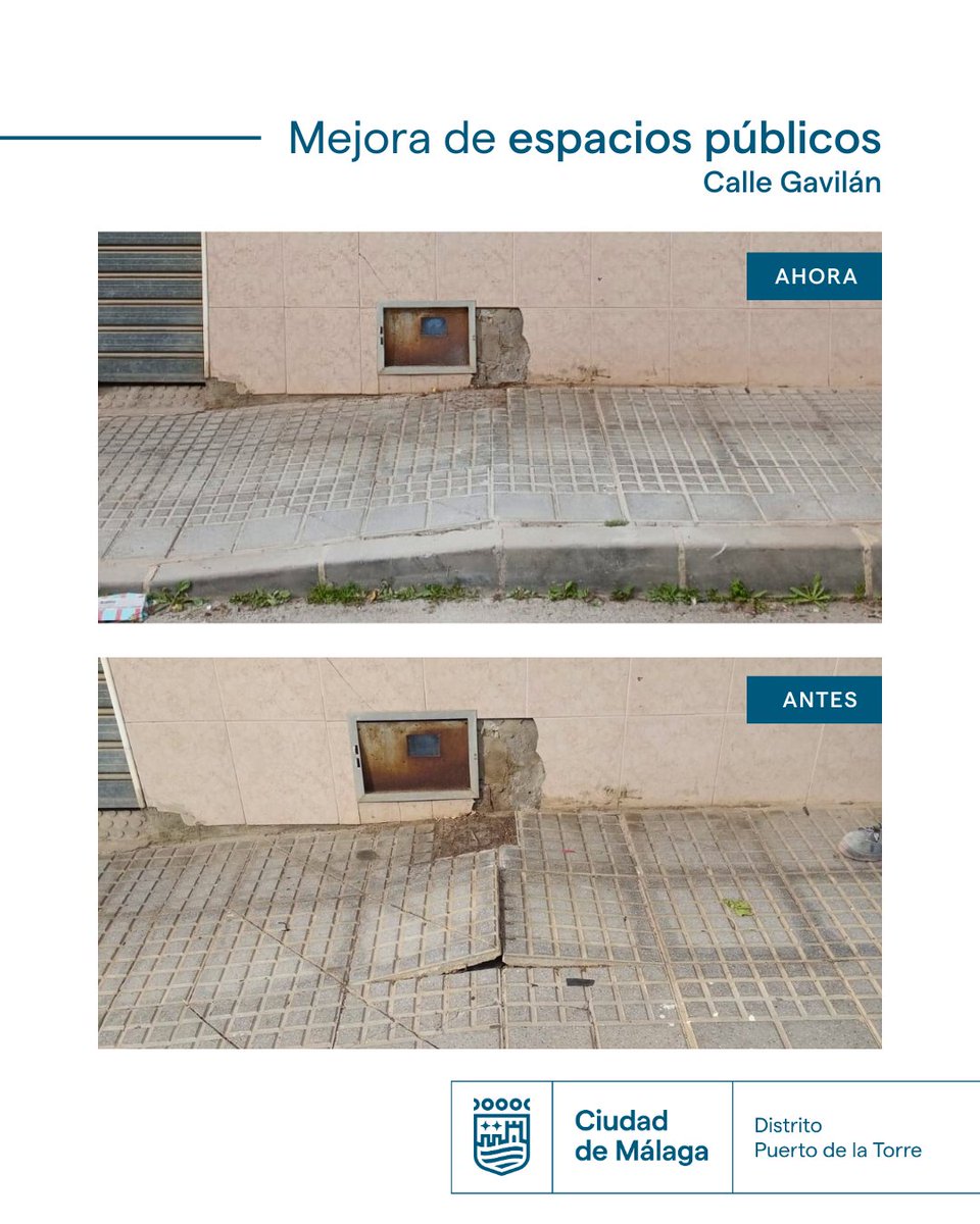 Mejora de espacios públicos en el distrito Puerto de la Torre 🚧

El Ayuntamiento de Málaga, a través del distrito Puerto de la Torre, ha llevado a cabo la reparación del acerado en la calle Gavilán.