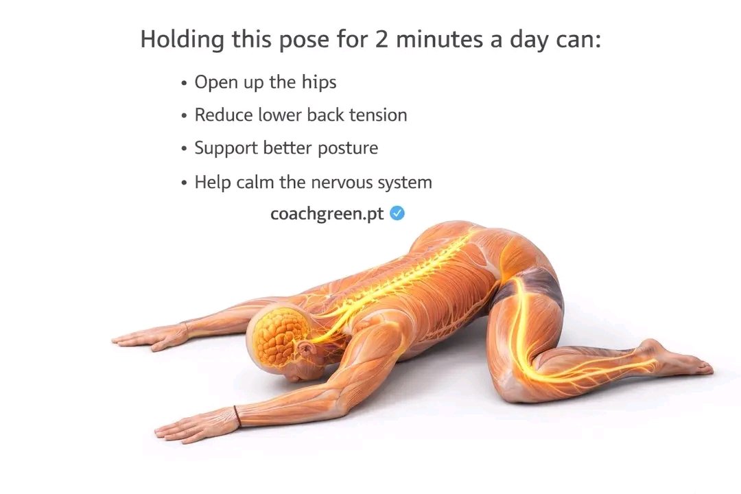 Do this for 2 minutes in the evening.

This position opens up the hips and inner thighs and takes pressure off the lower back. When the hips move more freely, the spine doesn’t have to compensate as much, which can reduce stiffness and tension around the pelvis and lumbar spine.