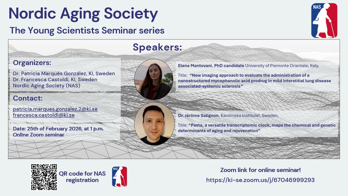 FrancyCastoldi's tweet photo. @Pmarques_G and I are happy to announce our next Young Scientists Seminar series from the @NordicAging 

📅February 25th at 13:00 PM (GMT+2)

Elena Mantovani, PhD candidate 
Dr. @JeromeSalignon will present their reserach!

🌎You can join online here: https://t.co/R6SrmYTz8l https://t.co/BY15p8TAP4
