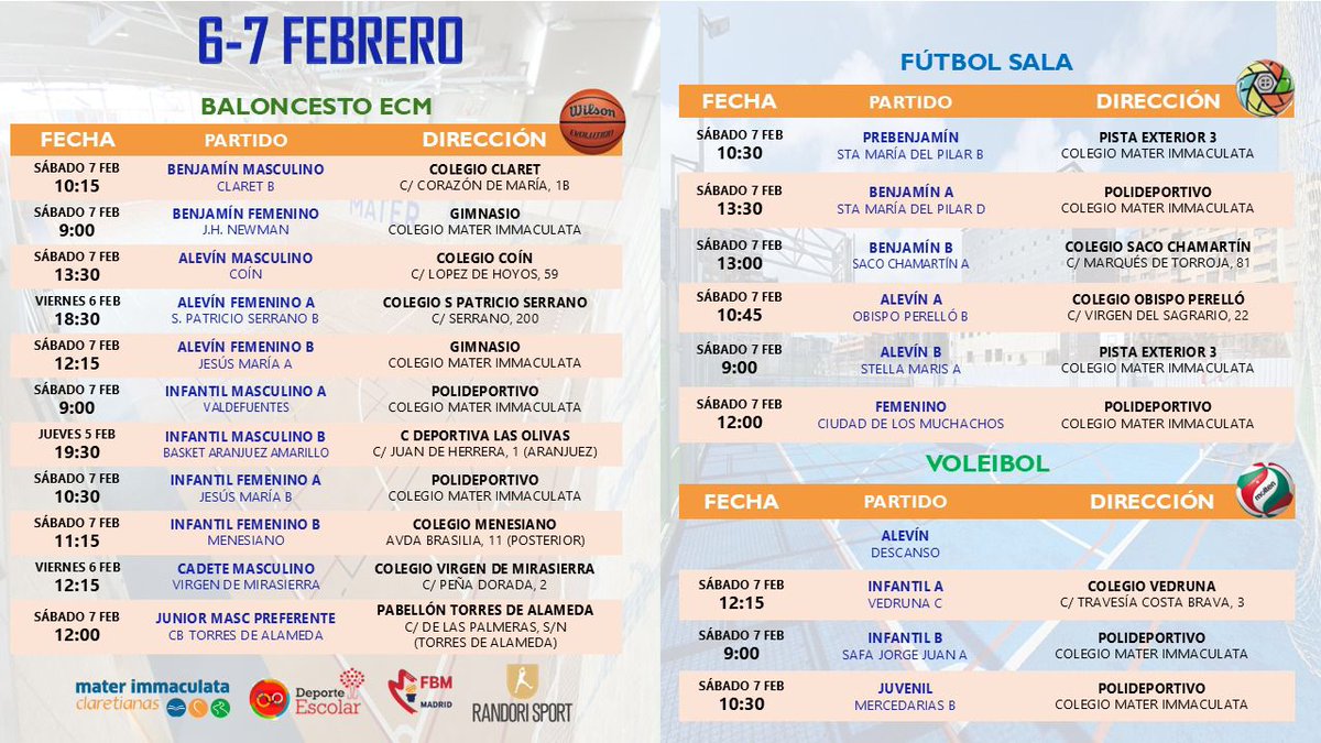 ¡Se viene un fin de semana a tope de deporte! 🔥🏀⚽🏐

Nuestros equipos de baloncesto, fútbol sala y voleibol salen a competir con toda la ilusión y el esfuerzo 💙🤍

Familia y afición: os esperamos en las gradas para animar y sumar energía 🙌

1,2,3 MATER🔵⚪️
