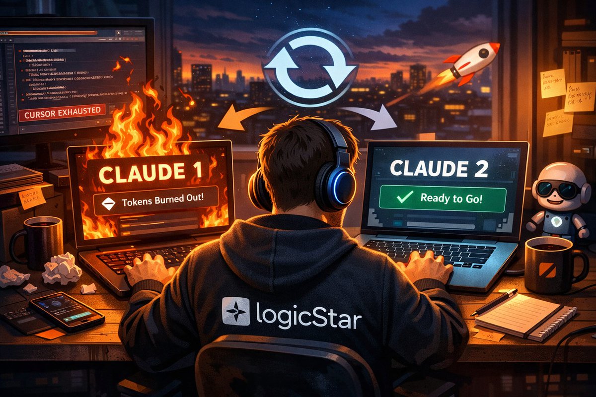 Friday vibes 🔥
Claude tokens burned. Cursor Ultra exhausted.
More work to do at <a href="/logic_star_ai/">LogicStar AI</a>  before the weekend ... 

Cursor has On-Demand. Claude weekly limits? Second account says no 😜 
Switch between them in seconds ⚡ never blocked by limits. 🚀