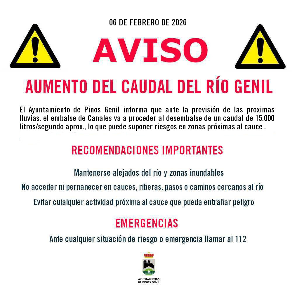 AVISO IMPORTANTE

El Ayuntamiento de Pinos Genil informa que ante la previsión de las próximas lluvias, el embalse de Canales va a proceder al desembalse de un caudal de 15.000 litros/segundo aprox., lo que puede suponer riesgos en zonas próximas al cauce . #PinosGenil