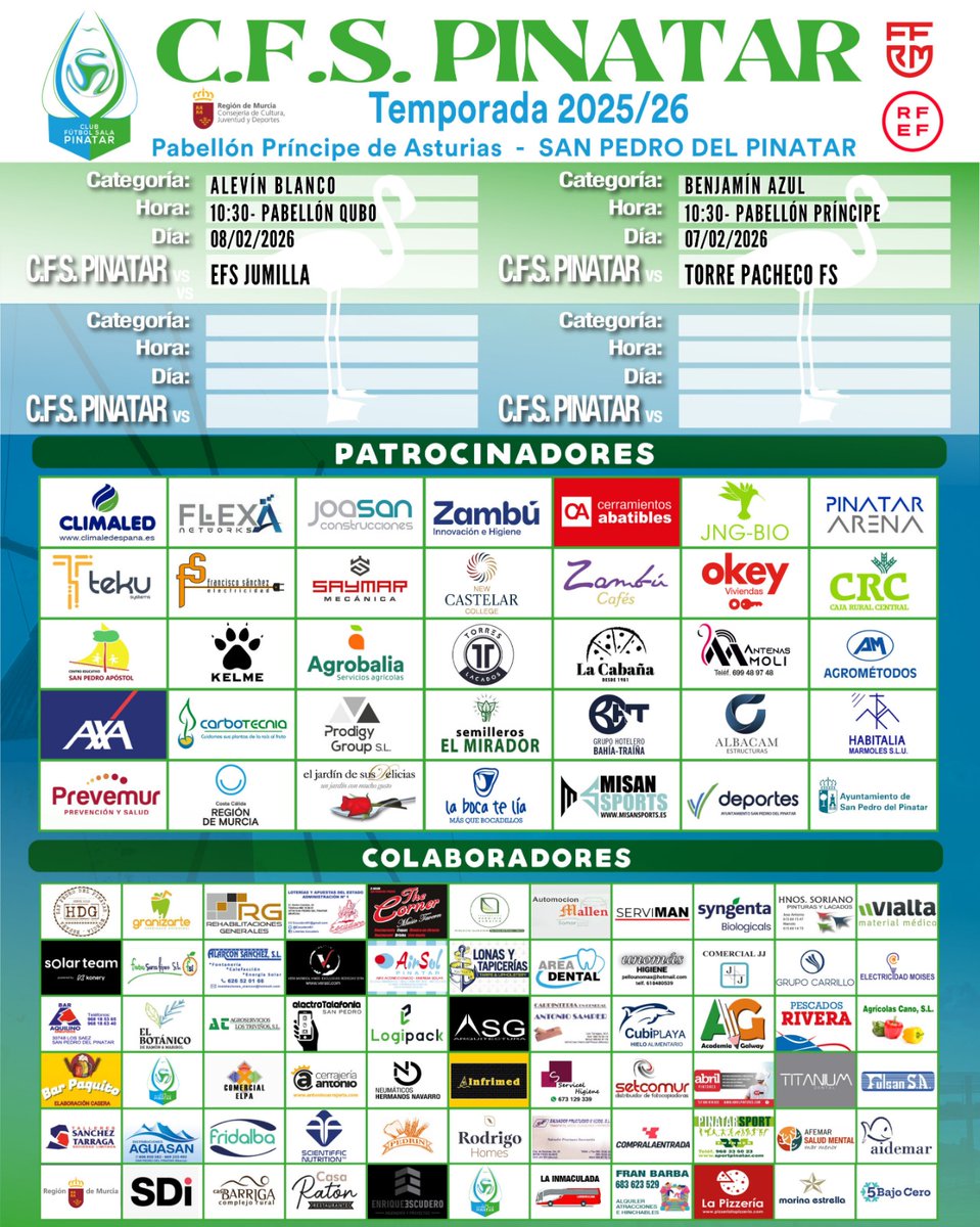 CFS_Pinatar's tweet image. 🤞🏻Que el tiempo nos permita disfrutar de este pedazo de fin de semana de fútbol sala en casa

🖼️Estos son los encuentros que nuestros equipos disputarán como locales 

#GOPinatar #CFSFactory💙💚