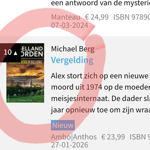 Wat een feest. 'Vergelding', deel 2 van 'De Mergellandmoorden', binnengekomen op plek 10 in de Bestseller Top 60!