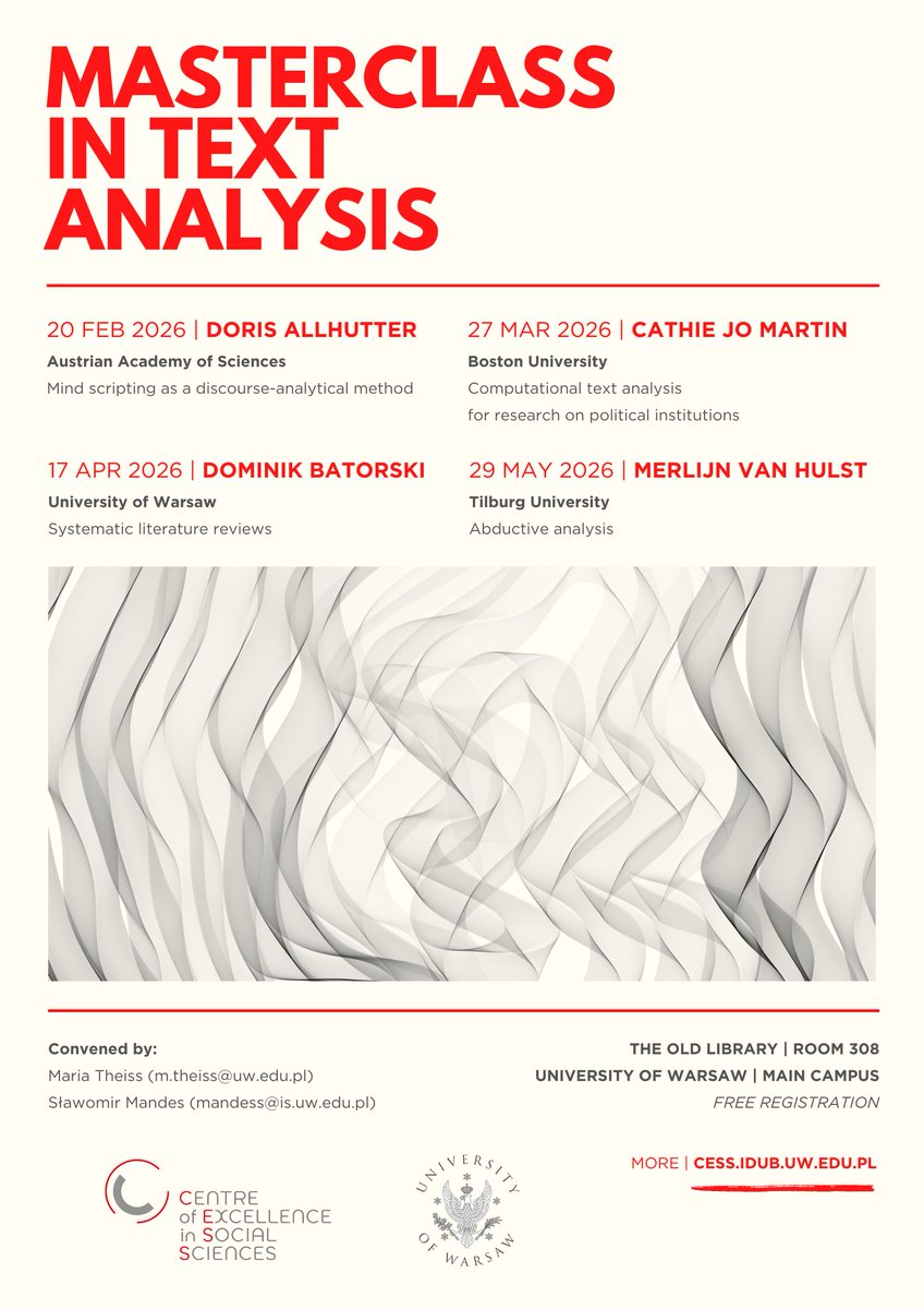 pobvidubuw's tweet image. The 2026 #CESS Masterclass in Text Analysis kicks off soon!
Featuring: Doris Allhutter / Cathie Jo Martin / @DominikBatorski / Merlijn van Hulst
Workshop 1: Feb 20
Deadline to register: TODAY, Feb 6!
More &amp;gt; bit.ly/4avTHPb