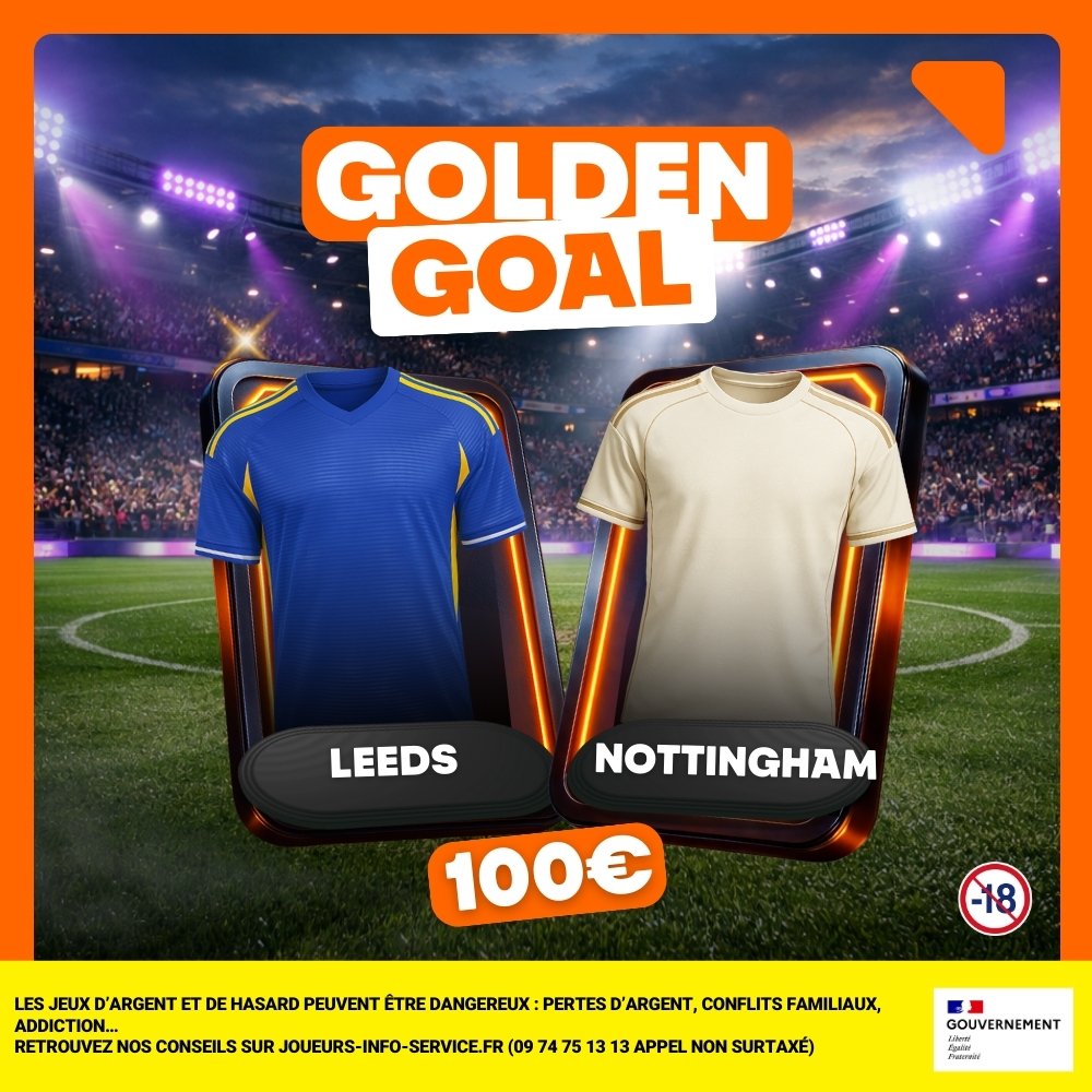 ⚽ GOLDEN GOAL 100€
 Leeds 🆚 Nottingham

👉 Devine le nombre de buts dans le match
🎁 10*10€ betboost à gagner
💗 Like ce post
💬 Lâche ton prono en comm' avant 21h

#PremierLeague