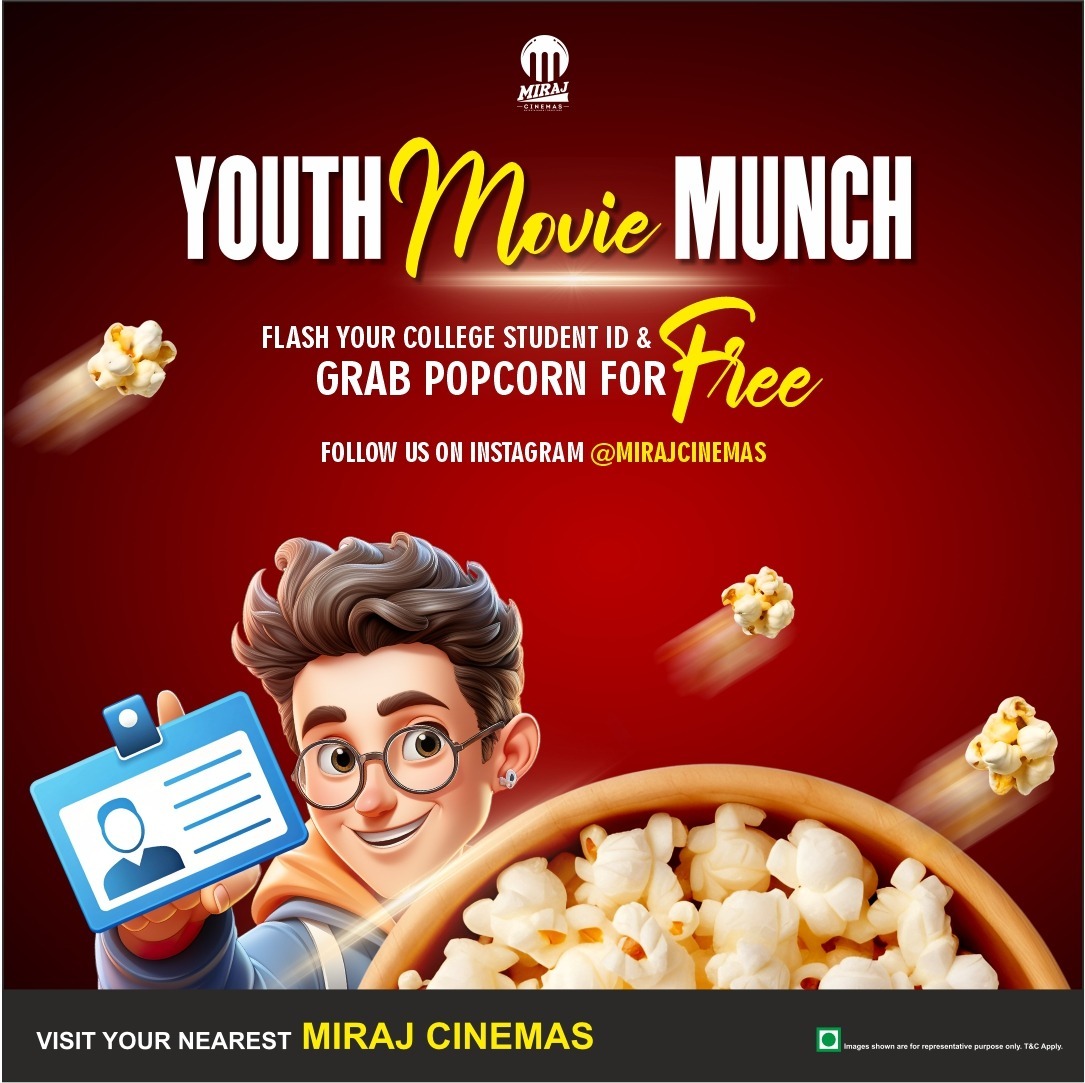MirajCinemas's tweet photo. College days + movie nights = the perfect combo! 🎓🎬
Flash your college ID at Miraj Cinemas and munch on a FREE popcorn while enjoying your favourite film. 🍿
.
Visit your nearest #MirajCinemas today!
.
.
#YouthMovieMunch #FreePopcorn #MovieTime #CineBuzz #StudentPerks https://t.co/2fGJCtr48F