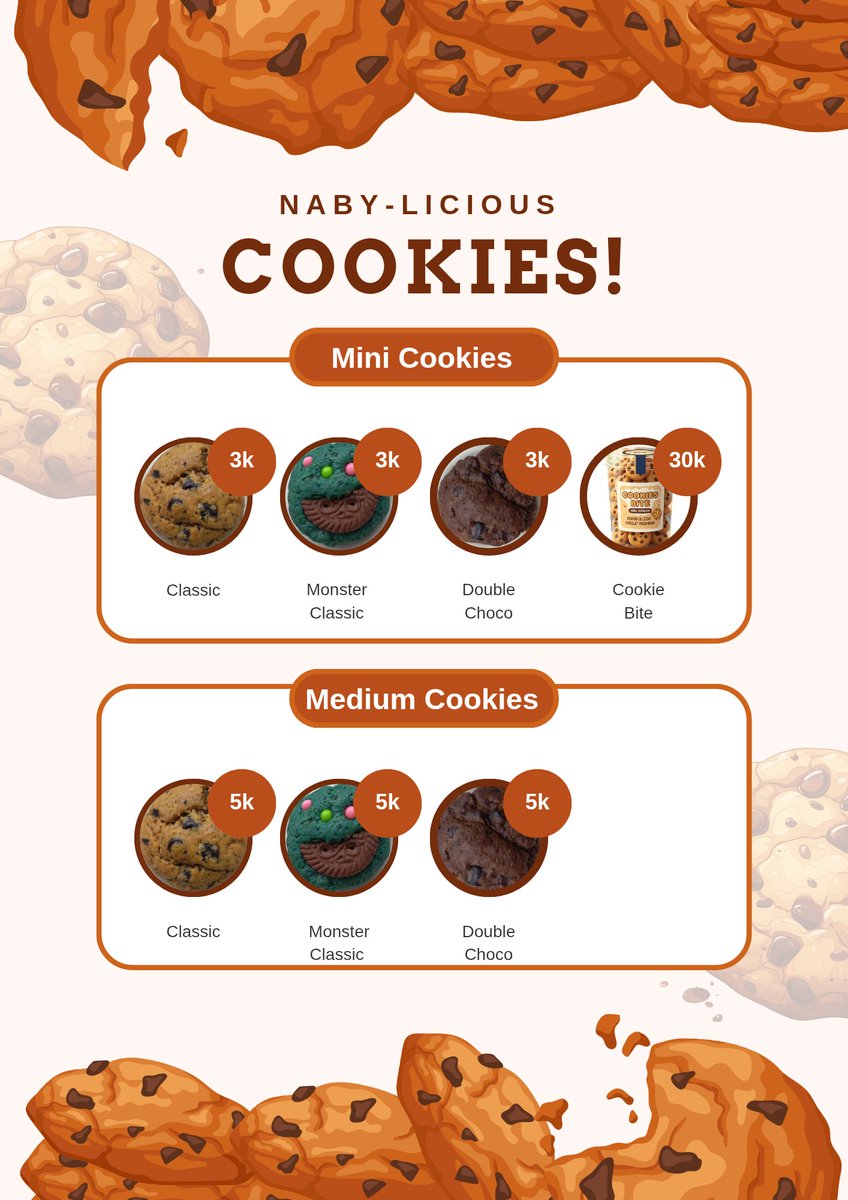 na_by98's tweet photo. (PLEASE HELP RT)
✨️OPEN ORDER SOFT COOKIES WONOGIRI✨️

Soft Cookies!!
♡ Cookies Mini Rp 3.000
♡ Cookies Medium Rp 5.000

"Varian rasa"
🍪Classic
🍪Monster Classic
🍪Double Choco

📌Note:
- Dipanggang dihari yang sama setelah order https://t.co/VXTSeHmjy3