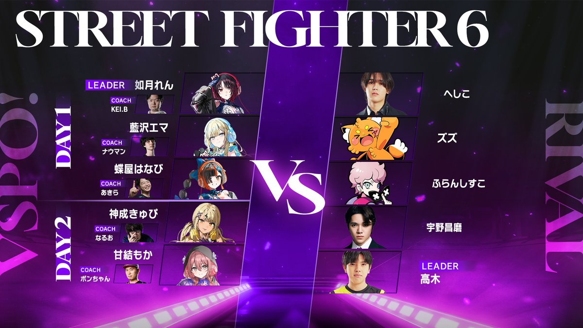 Vspo77's tweet image. ◤STREET FIGHTER 6◢

■ぶいすぽっ！
如月れん
藍沢エマ
蝶屋はなび
神成きゅぴ
甘結もか

■ライバルチーム
へしこ
ズズ
ふらんしすこ
宇野昌磨
高木

📝公式サイト
rage-esports.jp/2026/vsposhowd…

#VSPO_SHOWDOWN_2026 #ぶいすぽ #RAGE