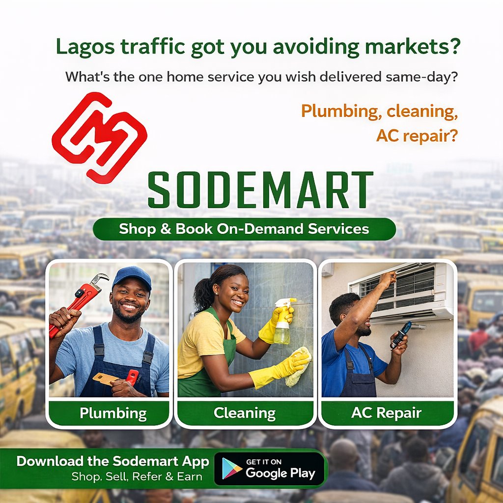 Sode_mart's tweet photo. Lagos traffic no be here 😮‍💨

Why stress yourself going to the market or chasing artisans?

From plumbing to cleaning and AC repair, Sodemart brings trusted home services straight to your doorstep — same day.

📲 Download the Sodemart app on Google Play
Shop. Book services. https://t.co/bVPFA4xx09
