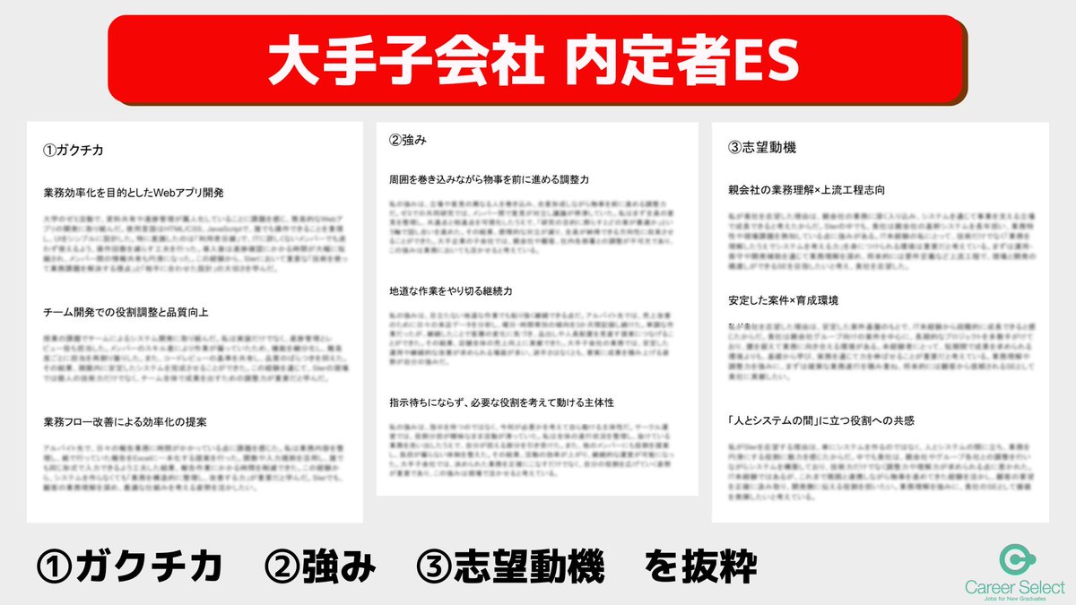 CareerSelect2's tweet photo. 【3日間限定】
大手子会社内定者ES
①ガクチカ
②強み
③志望動機

丸ぱくりはNGですが構成のイメージに活用してください↓

ーーーーーーーーーーーーーーーーー 
✅受け取り方法↓
①このアカウントをフォロー
②いいね＆RP

DMですぐ送付します！来なかったらリプかDMください！ https://t.co/UPcsFxacGG
