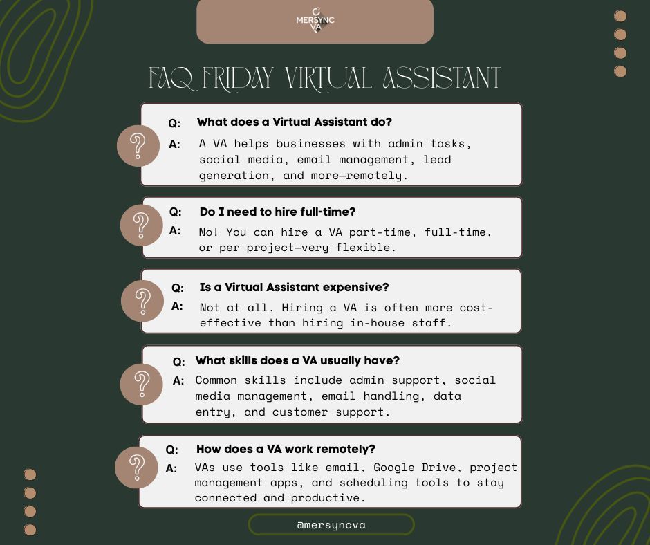 MerSyncva's tweet photo. It’s FAQ Friday! 
Ever wondered how a Virtual Assistant can help you save time, stay organized, and grow your business?
Your next smart business move might be hiring a VA.
#FAQFriday
#VirtualAssistant
#VAService
#BusinessSupport
#WorkSmart 
#SmallBusinessSupport https://t.co/7sRaLl8SP6