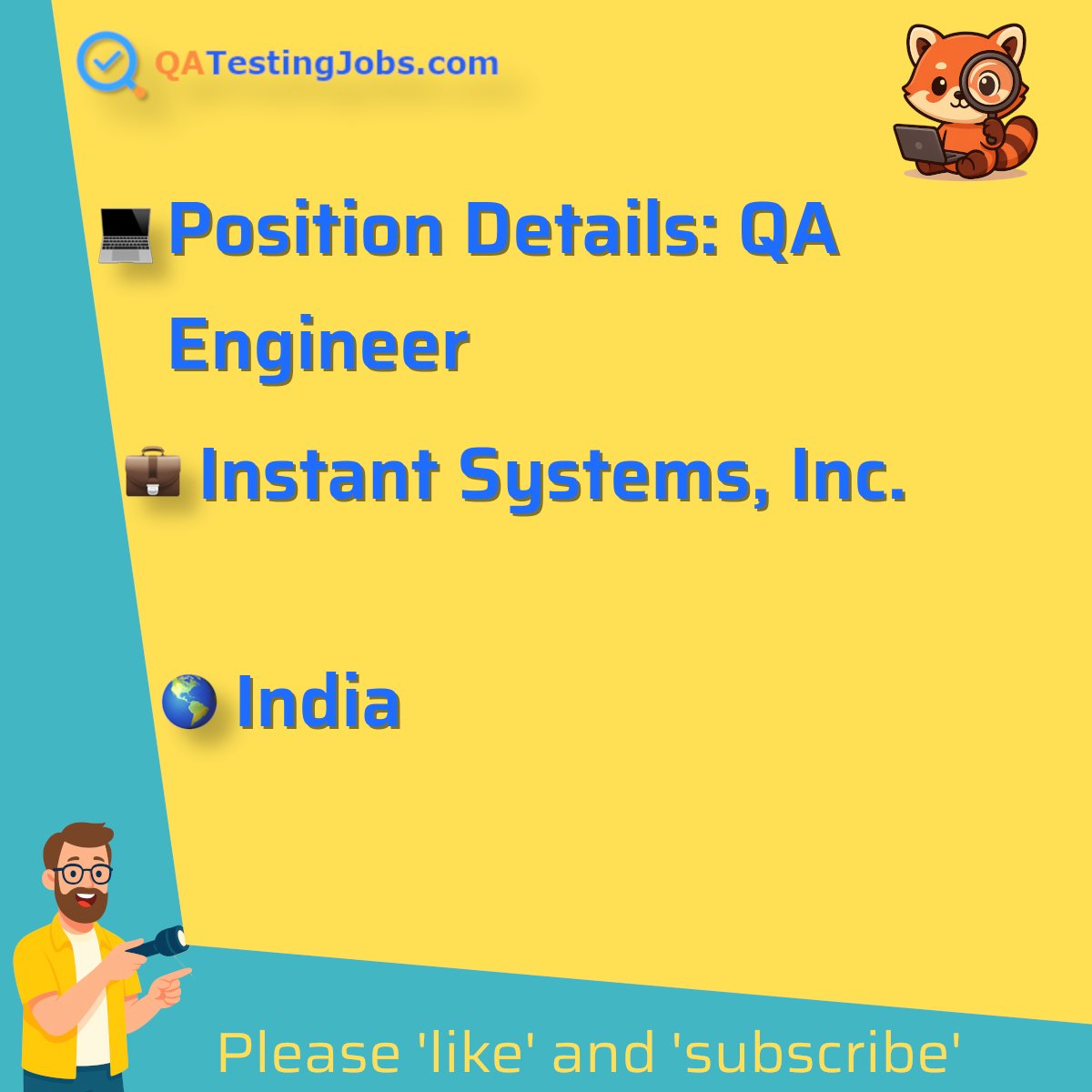 QATestingJobs's tweet photo. Title: Position Details: QA Engineer
Company: Instant Systems, Inc.
Country: India
City:
Employment Type: full-time
Location: remote
Remote/Onsite: remote
Visa Support:
Link: https://t.co/CO3EdvHl9k
#apitesting #appium #cicd #cypress #githubactions #gitlabci #java #javascript #jenkins #playwright #postman #python #qaautomation #restassured #reviewcompany #selenium #testng #softwaretesting #jobs #qualityassurance #software #testing #tester #testlead #automation #test #engineer #ai #selenium #playwright