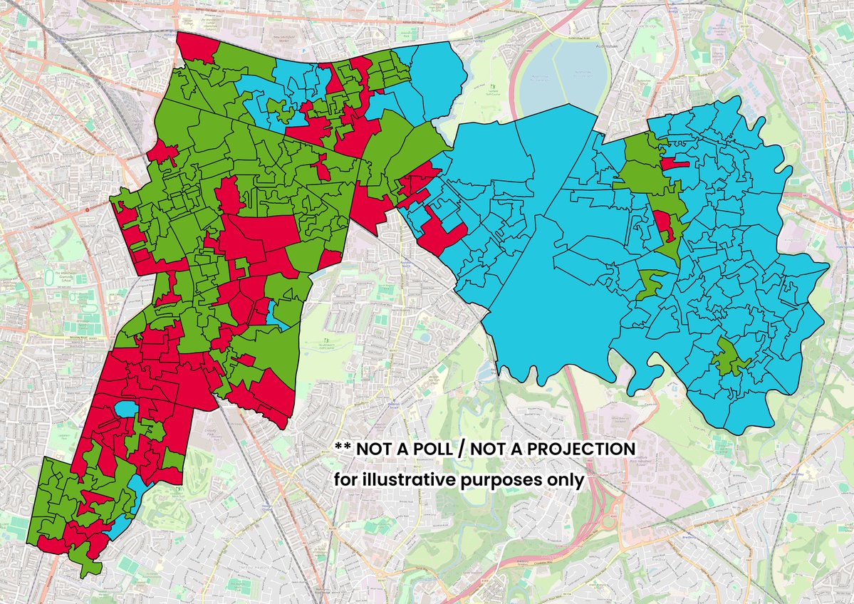 JoshHousden's tweet image. Had a go at estimating the Gorton &amp;amp; Denton vote based on census data (downloaded via Digimap)

Too granular to be meaningful, but the east/west divide is def real

For illustrative purposes — what a close three way tie could look like