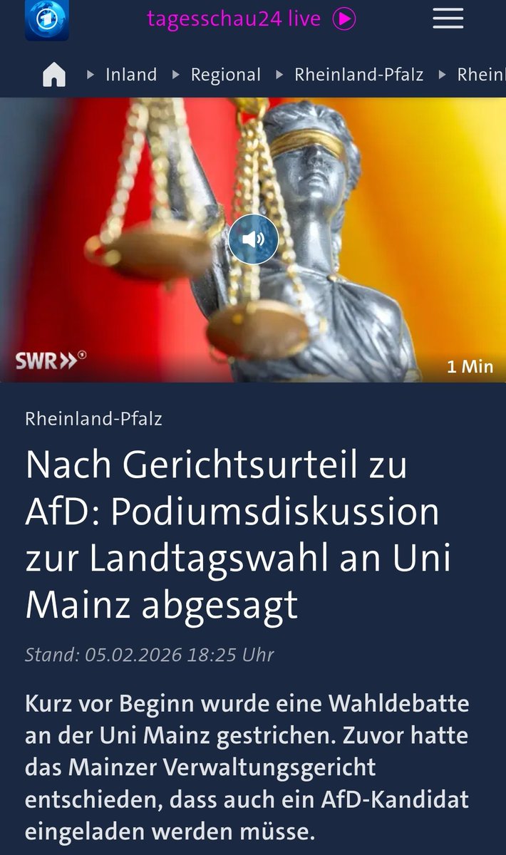 Ausgrenzung der AfD bei Uni Podiumsdiskussion nicht zulässig.
Darauf wird die ganze Veranstaltung abgesagt.
Angst vor der AfD?

Rheinland-Pfalz: Nach Gerichtsurteil zu AfD: Podiumsdiskussion zur Landtagswahl an Uni Mainz abgesagt | tagesschau.de share.google/KzCNLkfmNJax92…