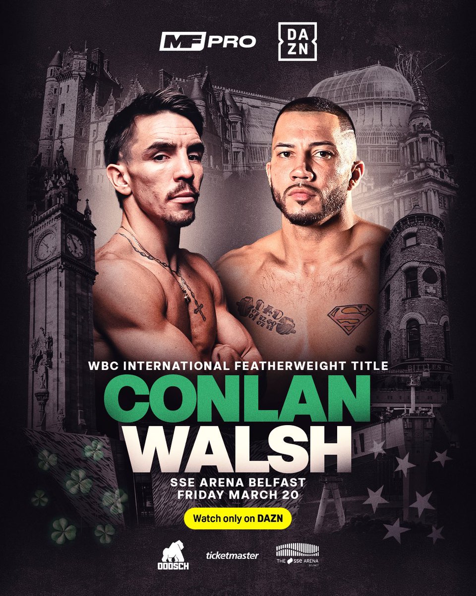 SauerlandBros's tweet photo. Belfast, get ready 🇮🇪🔥  

MF Pro has arrived for a huge night of boxing as @mickconlan11 returns home for a special homecoming bout, stepping into the ring with Kevin Walsh for the WBC International Featherweight Title, live on @DAZNBoxing 💥

Massive stakes, electric atmosphere, this is one you won’t want to miss 🔥