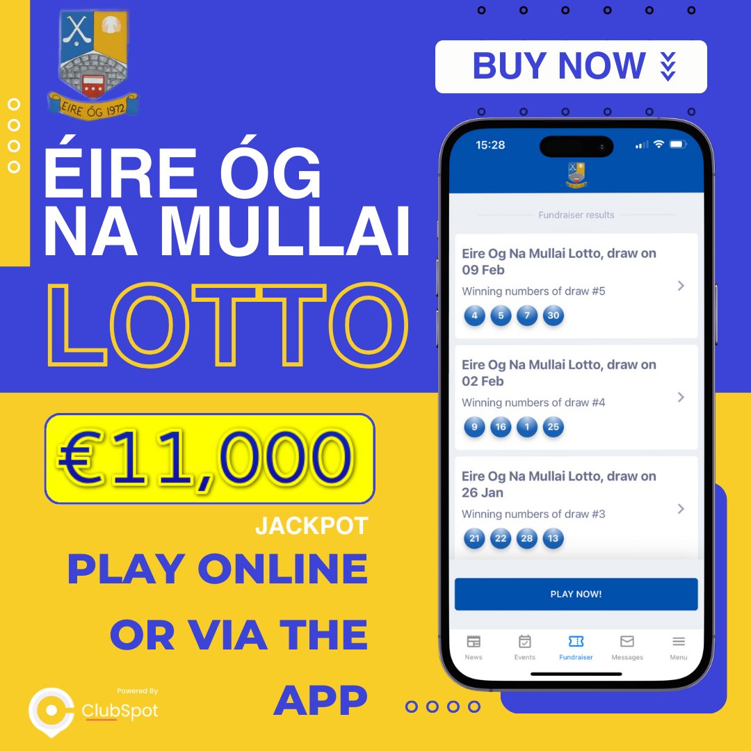 Reminder M A S S I V E JACKPOT this week
Get all the latest news on the Éire Óg Na Mullaí CLG app member.clubspot.app/club/eire-og-n…