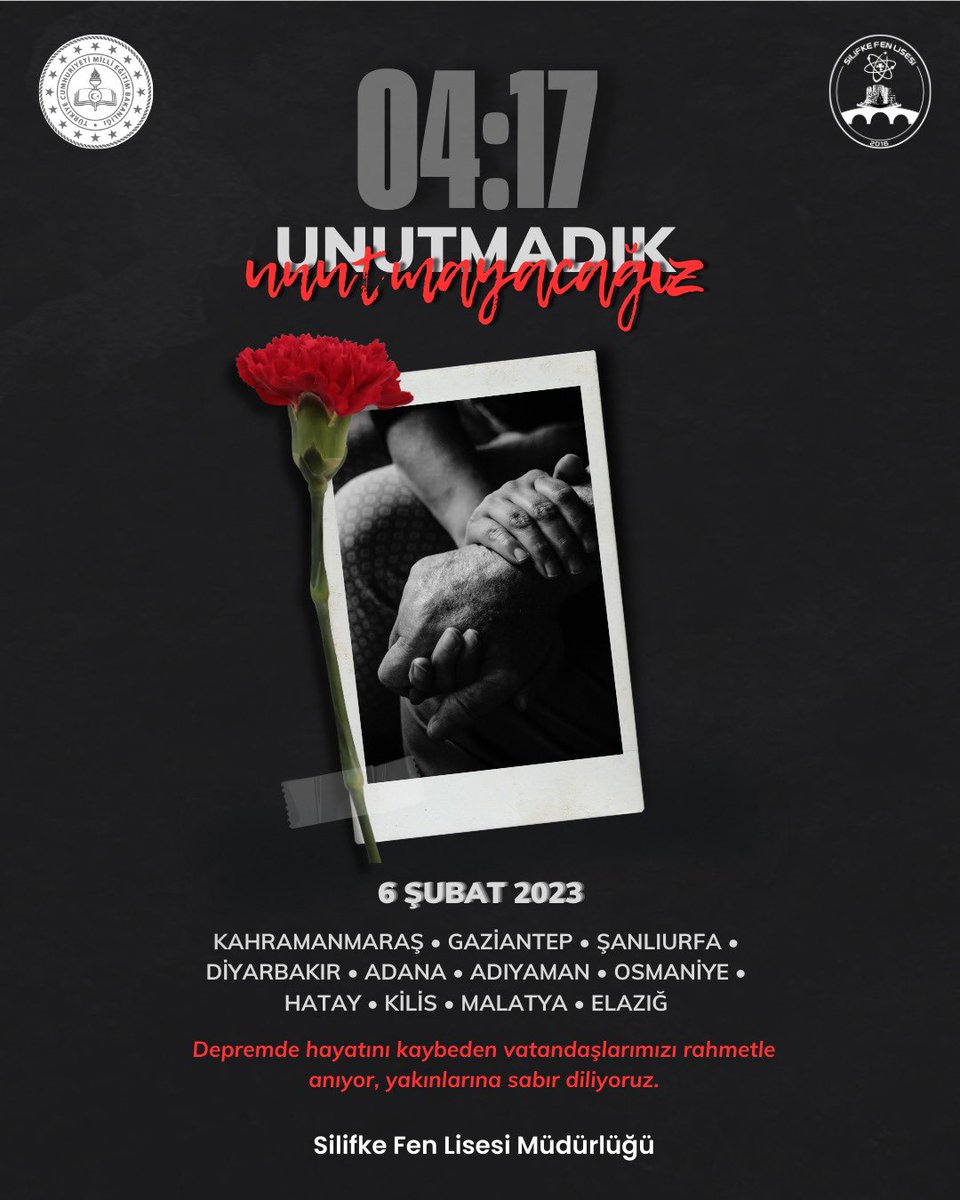 6 Şubat’ta yaşadığımız büyük depremde hayatını kaybeden vatandaşlarımızı rahmetle anıyor, geride kalanlara sabır diliyoruz. Acımız da sorumluluğumuz da hâlâ çok taze. Unutmadık, unutturmayacağız. 🕯️

<a href="/MersinMEM/">Mersin İl Millî Eğitim Müdürlüğü</a> 
<a href="/Muhammed0744/">Muhammed ÖZDEMİRCİ</a> 
<a href="/SilifkeArGe/">Silifke Mem</a> 
<a href="/kltiinerolu/">Fevzi Kültiğin Eroğlu</a> 
<a href="/TevfikfikretyZ/">Tevfikfikretyıldız</a>