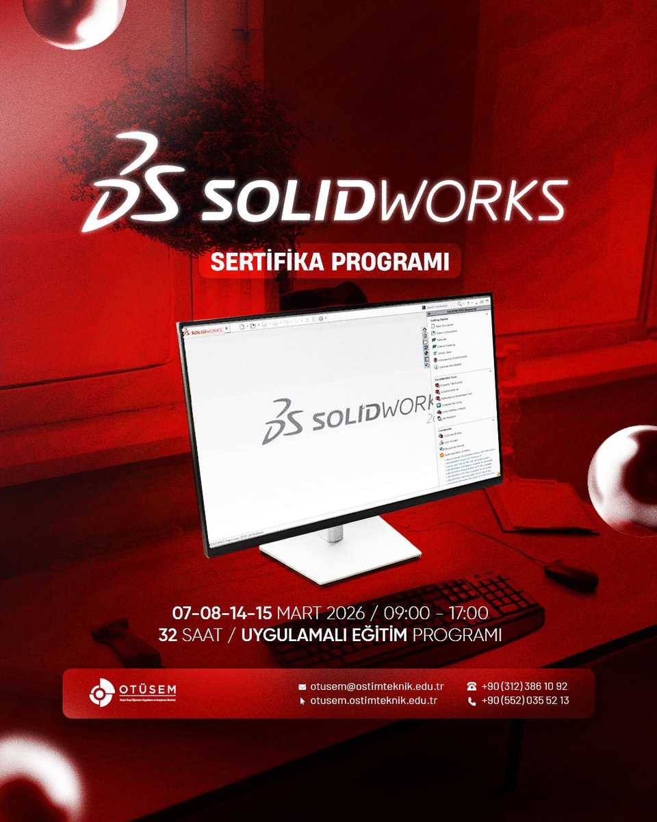 Eğitim Tarihi: 7-8-14-15 Mart 2026
Eğitim Süresi: 32 Saat (4 Gün)
Eğitim Zamanı: 09:00-17:00
Eğitim Ücreti: 19.5000 TL
Eğitim Yeri: OTÜSEM Derslikleri

Bilgi ve Kayıt
otusem.ostimteknik.edu.tr/course/solidwo…
0 552 035 52 13